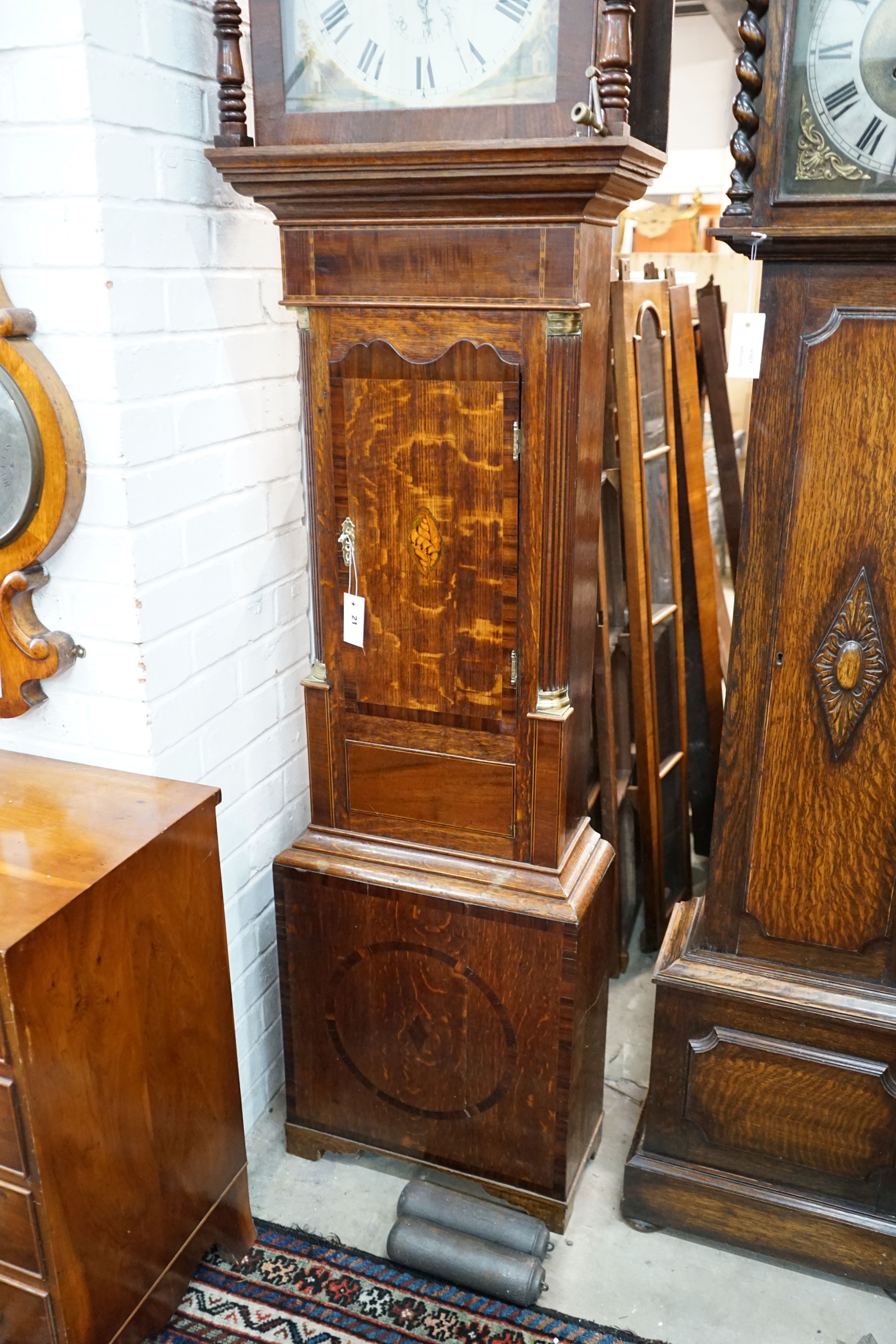 An early 19th century mahogany banded oak 8 day longcase clock, the painted dial marked Maule, Coldstream, height 232cm